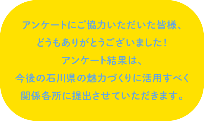 アンケートにご協力いただいた皆様、どうもありがとうございました！アンケート結果は、今後の石川県の魅力づくりに活用すべく関係各所に提出させていただきます。